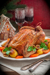 Christmas Stuffed Chicken Served with Potatoes, Carrots and Figs
