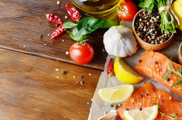 Raw salmon on baking paper