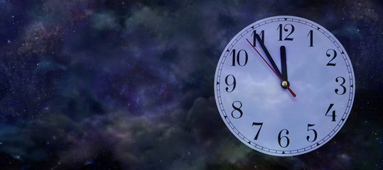 It's Nearly New Year - Wide night sky background with a clock face showing five minutes to midnight on the right side and copy space on left