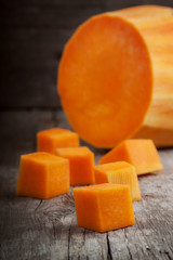 slices of pumpkin on a wooden table