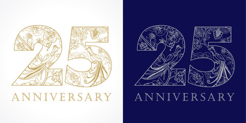25 anniversary vintage logo. Template numbers of 25th jubilee in ethnic patterns and birds of paradise.