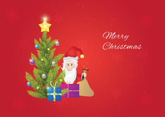 Christmas tree with santa claus, when he is giving gifts to you. Christmas postcard. Red background.