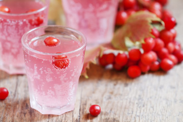 Pink cocktail with viburnum, cranberry and mountain ash on an au