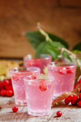 Pink cocktail with viburnum, cranberry and mountain ash on an au