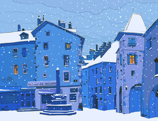 Drawing winter landscape a small French town at dusk.