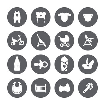 Goods for newborns icons. Vector signs. Shop for children.
