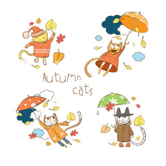 Vector autumn cartoon cats set.