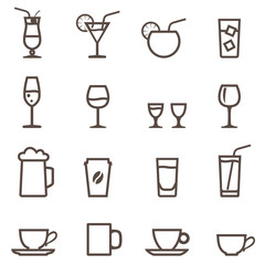 set of linear icon. Glassware for beverages. Cocktails, glasses and cup.