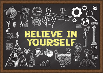 Doodles with the phrase BELIEVE IN YOURSELF on chalkboard.