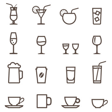 set of linear icon. Glassware for beverages. Cocktails, glasses and cup.