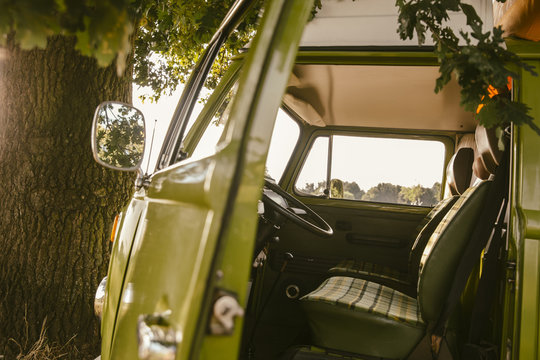 Van with open door in the nature