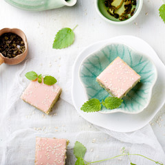 Matcha green tea cakes with white chocolate glaze