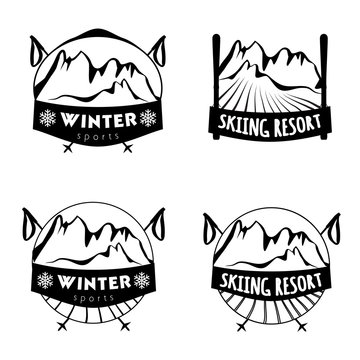 Set of winter sports logos with skiing equipment