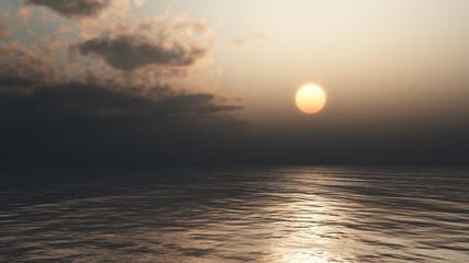 Naklejka premium Illustration of a dark sunset over a calm ocean, 3d digitally rendered illustration