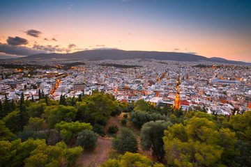 Morning view of Athens from Filopappou hill, Greece.