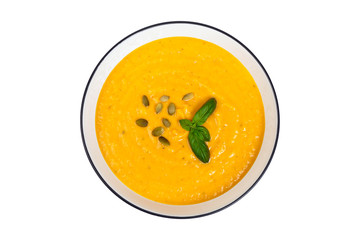 Vegetable Pumpkin Soup isolated on white.