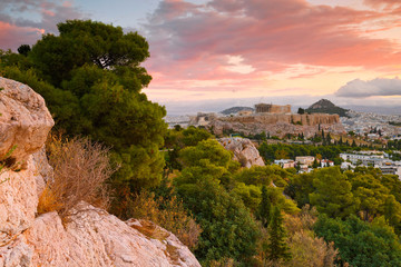 Morning view of Acropolis from Filopappou hill in centre of Athens.