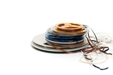 Vintage Reels to Reel Tape Bobbin For Sound Recording on white background. Selective focus.