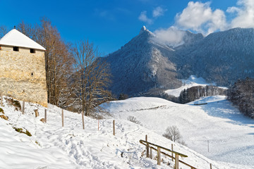 Panoramic view of the Swiss Alps and snow-covered trees in Switz