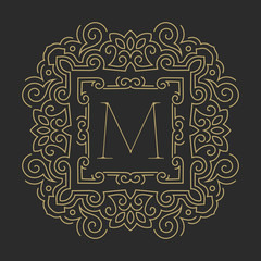 Elegant floral monogram logo design template with letter M. Lineart vector illustration.