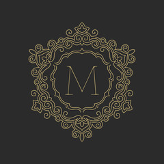 Elegant floral monogram logo design template with letter M. Lineart vector illustration.