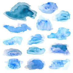 Set of light blue and celadon ink stains in watercolor style isolated on white. Vector.