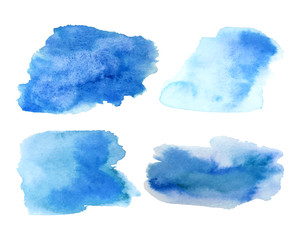 Set of light blue and celadon ink stains in watercolor style isolated on white. Vector.