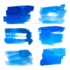 Set of blue ink stains with grunge elements made by rectangular brush isolated on white. Vector.