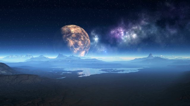 Alien Planet and UFO. The rocky landscape is covered with a white mist. Among the hills of the lake, which reflects the huge planet (moon) and the starry sky.