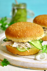 Healthy burger with cream cheese,boiled chicken and cucumber sli