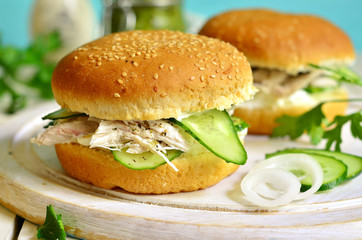 Healthy burger with cream cheese,boiled chicken and cucumber sli
