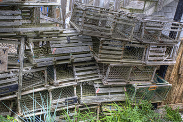 Stack of wooden lobster traps in Maine