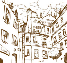 Graphic sketch depicting typical Parisian courtyard.
