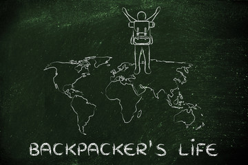 backpacker over world map, rejoicing about his lifestyle