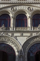 Architectural close up of the romantic facade of Rossio Station in Lisbon, Portugal