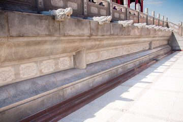 Dragon-shaped stones that adorn the walls of the walk way in a Chinese temple.