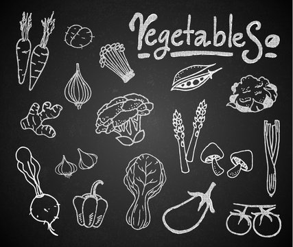 Set of chalk hand drawing vegetables on blackboard