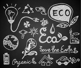 Set of chalk hand drawing ecology on blackboard