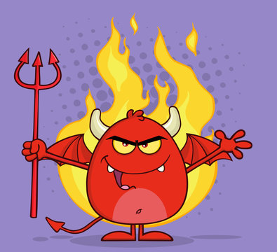 Evil Red Devil Character Holding A Pitchfork Over Flames