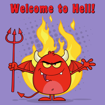 Evil Red Devil Cartoon Holding A Pitchfork Over Flames