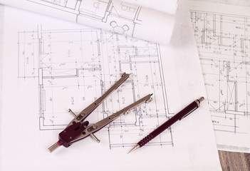 Architecture background: Construction plan tools and blueprint drawings , pen and  divider tool
