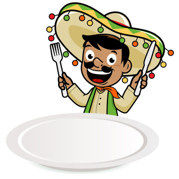 Mexican mariachi waiting for food. Vector illustration