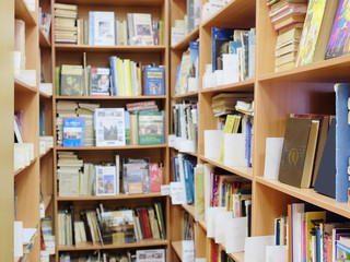 Interior of library with book shelves