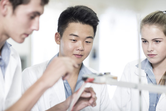 Students in physics class working together