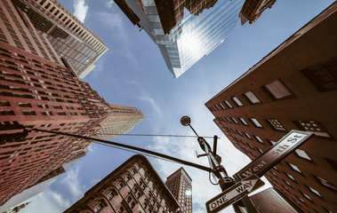 USA, New York, New York City, Manhattan, Street corner, Signs 4th Avenue and West 45th Street, view from below