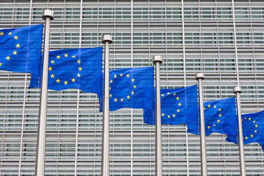 Belgium, Brussels, European Commission, European flags at Berlaymont building