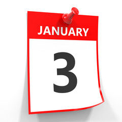 3 january calendar sheet with red pin. - obrazy, fototapety, plakaty
