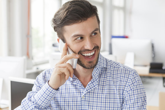 Portrait of smiling businessman telephoning in an office