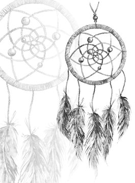 Watercolor monochrome ethnic tribal hand made feather dreamcatcher