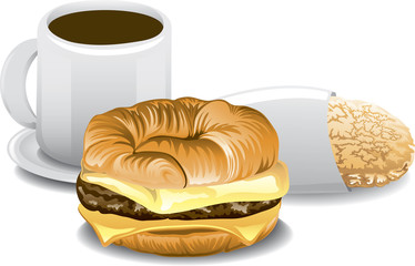Illustration of a fast food breakfast including a hashbrown, a croissant sandwich and a cup of coffee.
